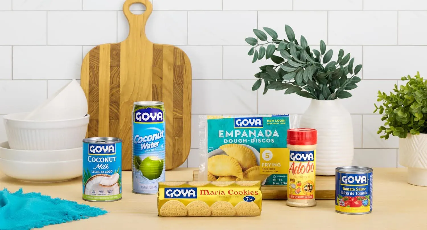 Goya pantry products arranged on a white kitchen counter