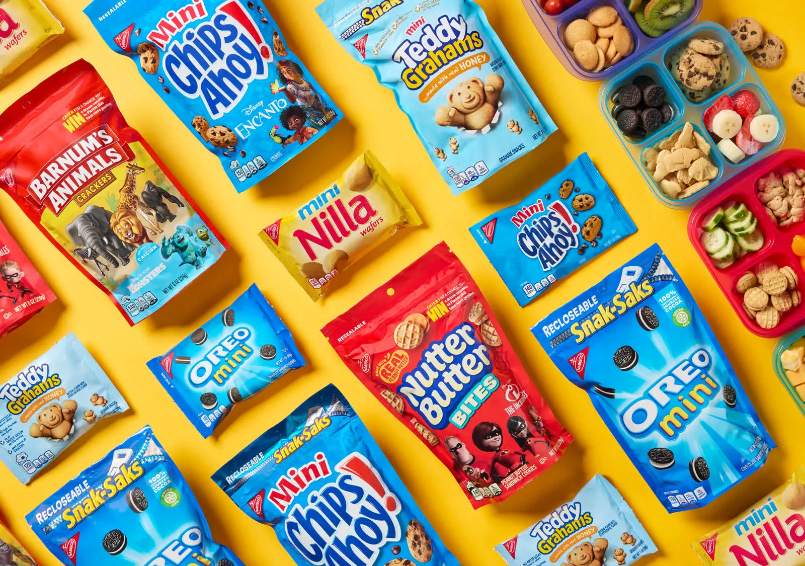 Grid of Nabisco snack packs on a yellow background